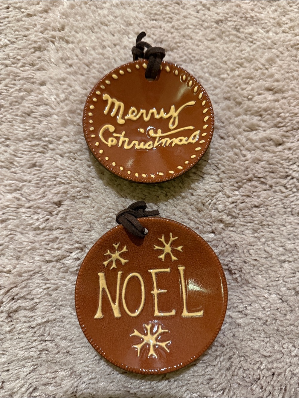 Folk Art Primitive Redware Pottery Holiday Ornaments set of 2
